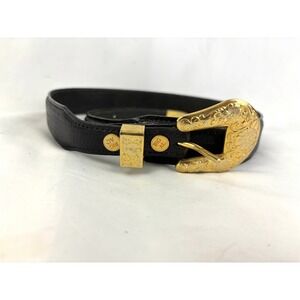 Big Al Western Leather Belt Gold Tone Buckle German Silver Black Size 28 Vintage